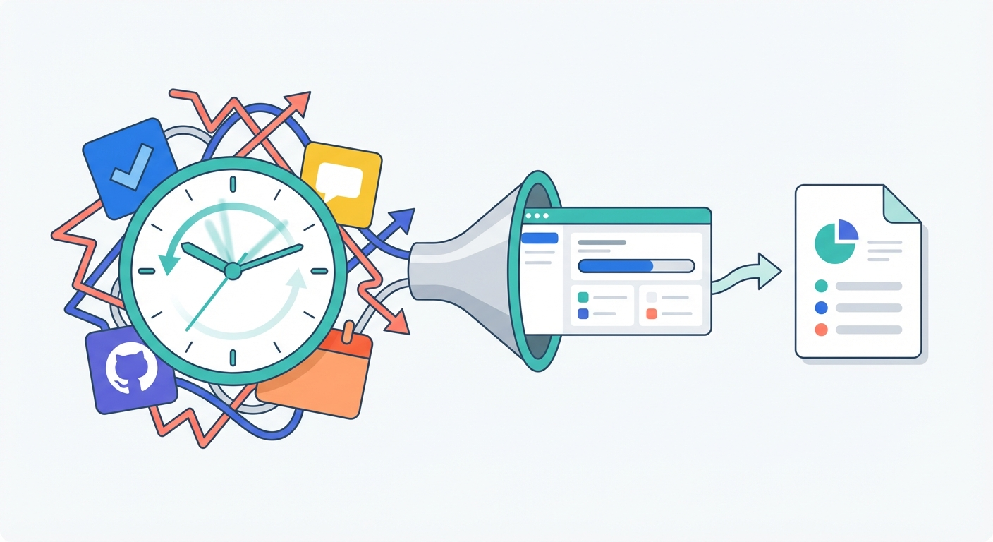 Illustration showing scattered Jira tickets, GitHub PRs and Slack messages flowing through a funnel into a clean summary dashboard, representing the transformation from chaotic manual recaps to streamlined automation