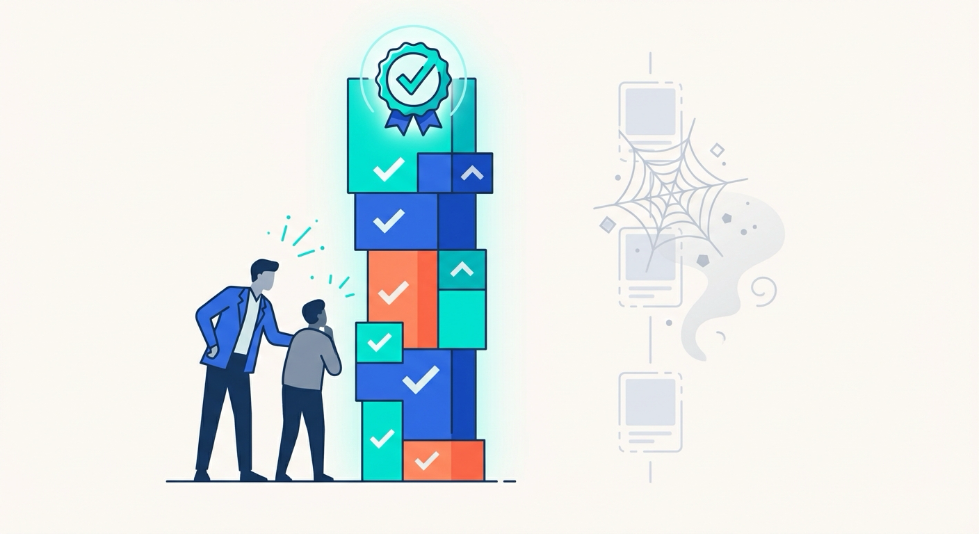 Two changelogs side by side: a vibrant stack of update cards with a verification badge versus a sparse faded timeline with cobwebs