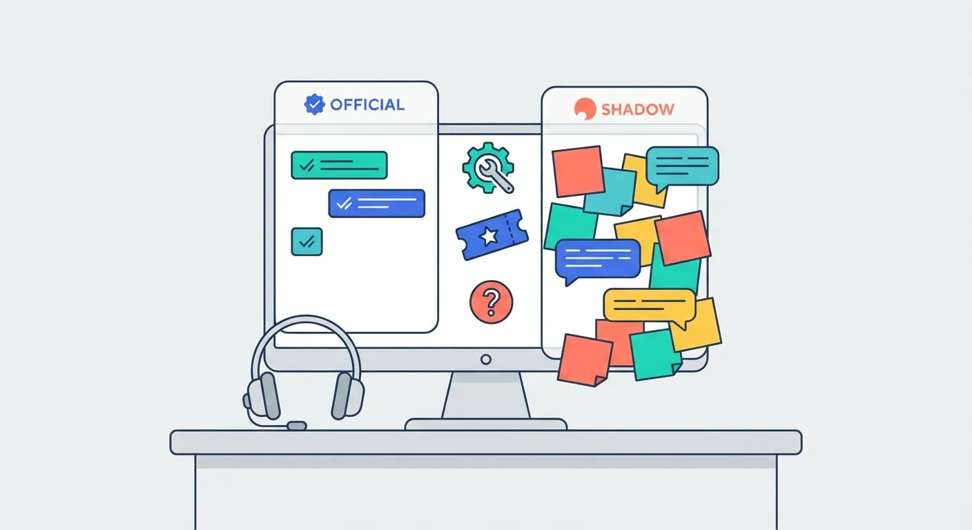 Support agent desk showing contrast between sparse official inbox and overflowing secret channel sidebar with sticky notes and chat messages about small fixes