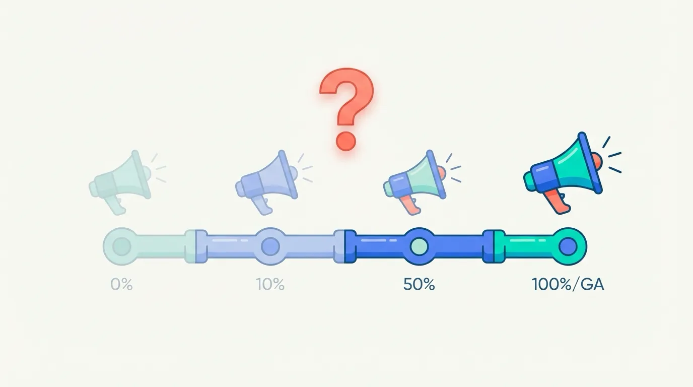 Staged rollout progress bar with megaphone icons at varying opacity and a question mark over middle stages representing communication timing uncertainty