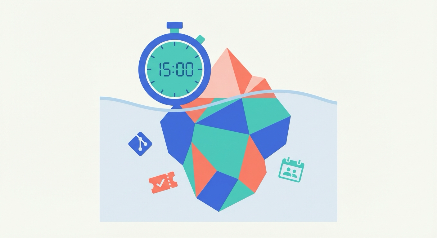 Illustration of a stopwatch showing fifteen minutes with a hidden iceberg of context-gathering work beneath
