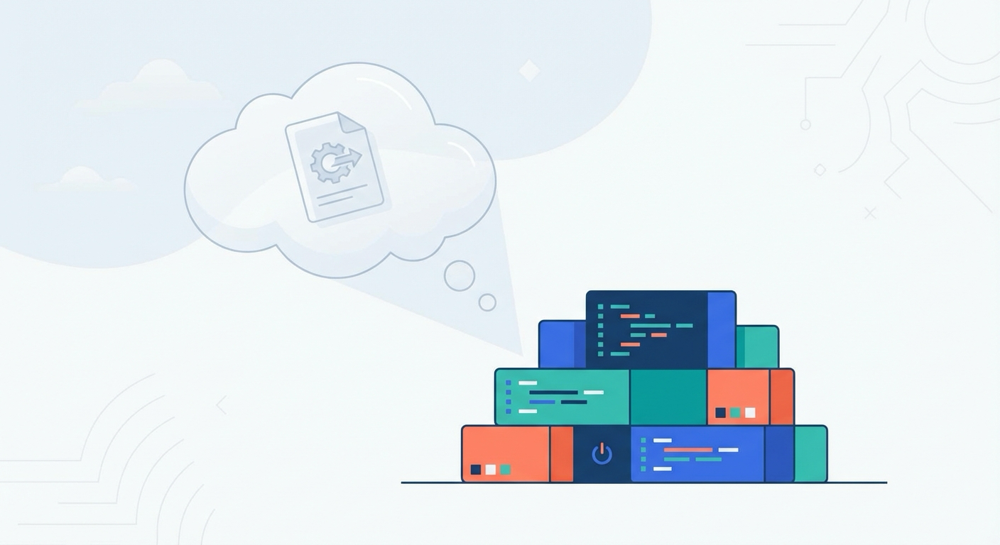 Faded spec document floating like a dream contrasted with solid grounded code blocks
