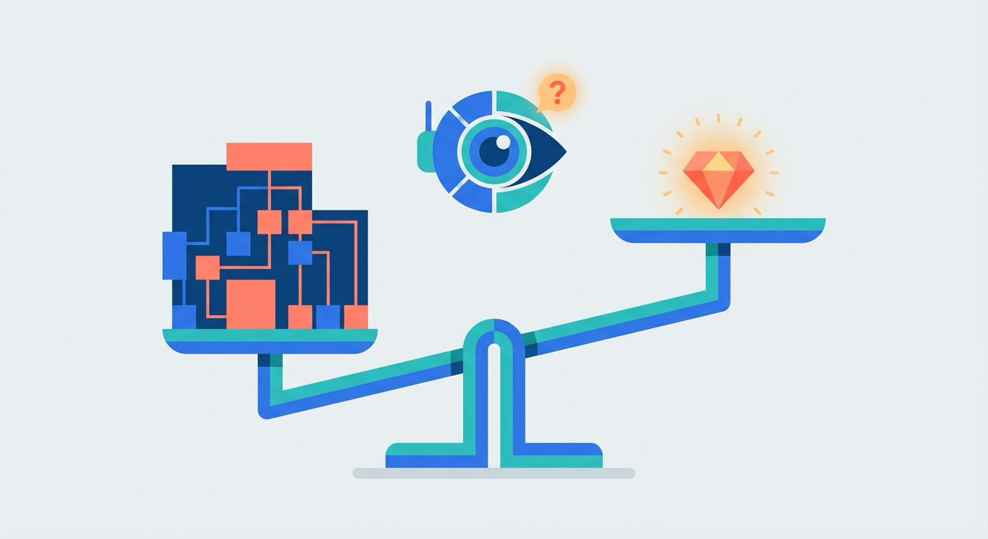Illustration of a scale with AI misjudging a large dependency update as more important than a small key feature