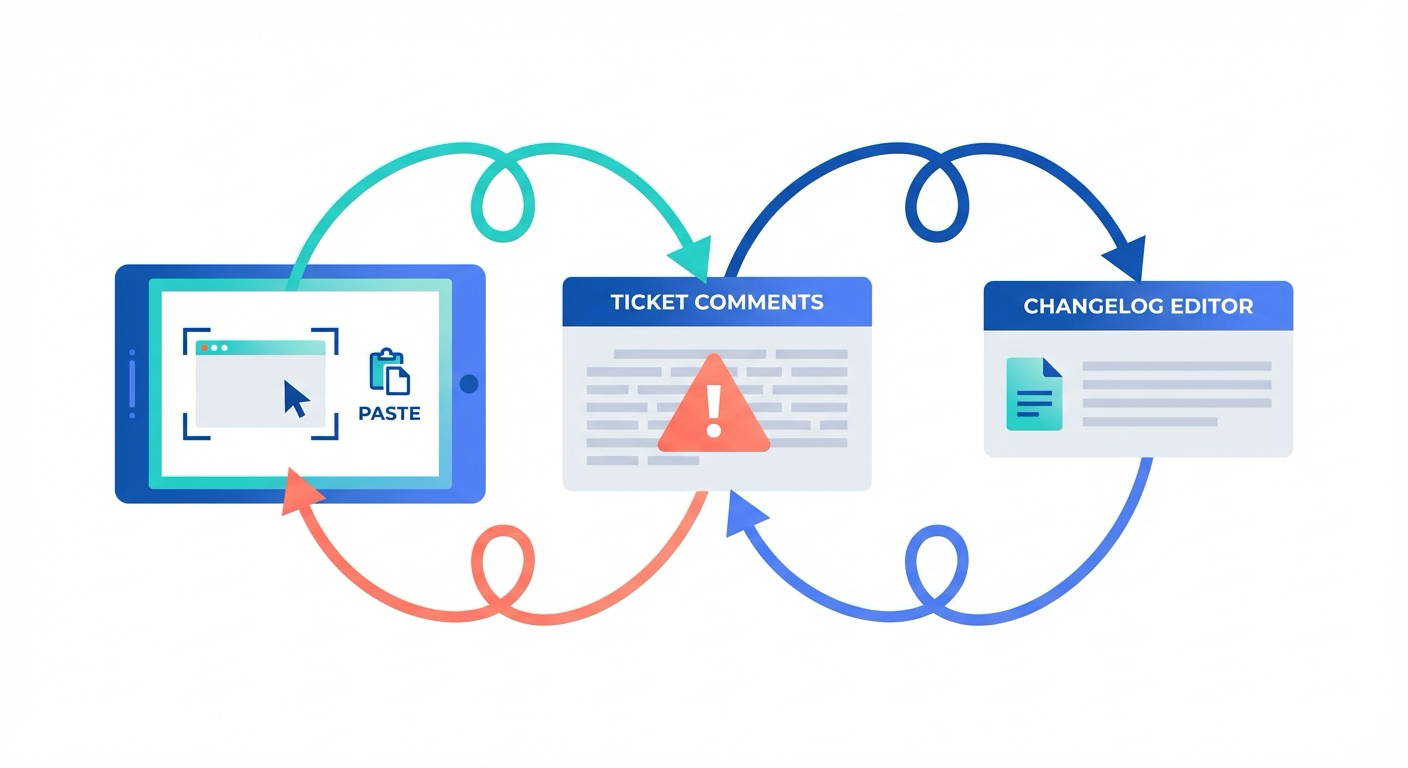 Illustration of a clunky workflow with screenshots being pasted between a changelog editor, a capture frame, and ticket comments