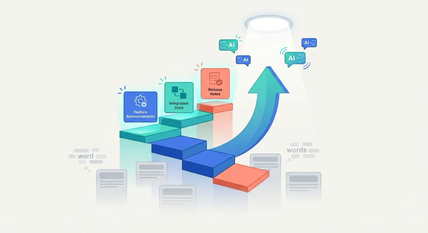 Product content cards ascending a staircase into a spotlight while generic SEO blog posts fade below, with AI chat bubbles at the top