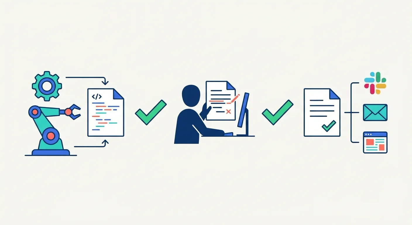 Three-stage workflow showing automation generating a draft, a human refining it with editing marks, and the polished document flowing to multiple distribution channels