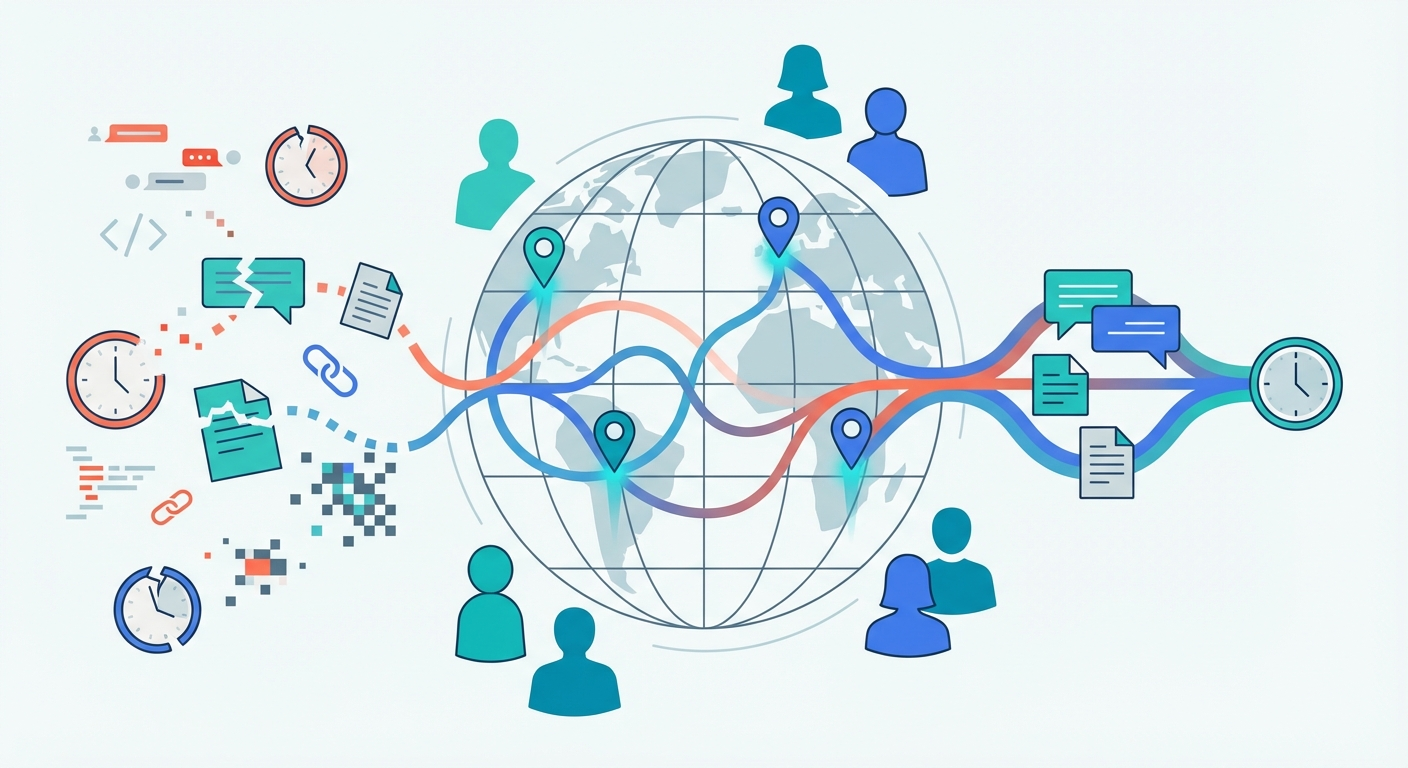 Globe with location pins connected by information streams, showing fragmented communication flowing into unified channels