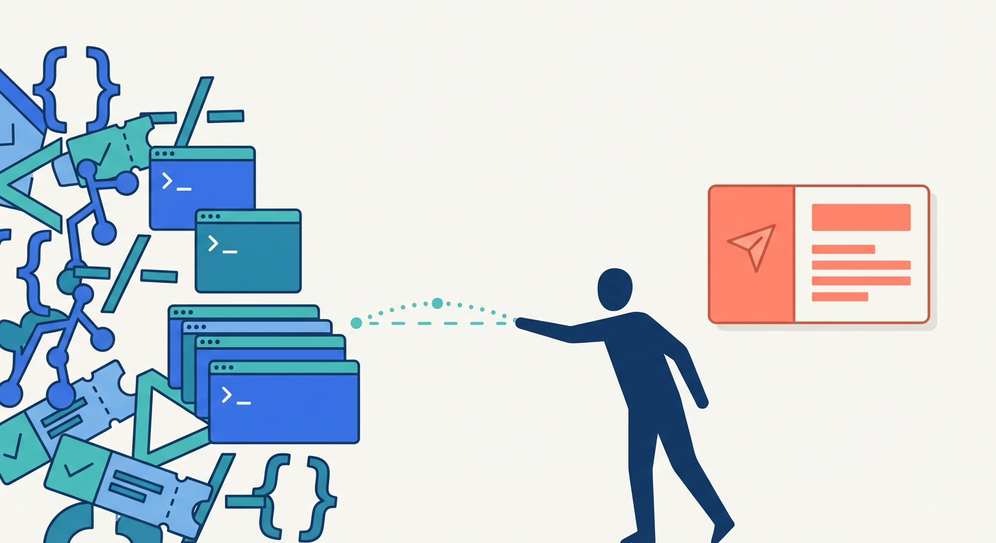 Split illustration showing engineering artifacts on one side and a polished newsletter on the other, with a figure bridging the gap