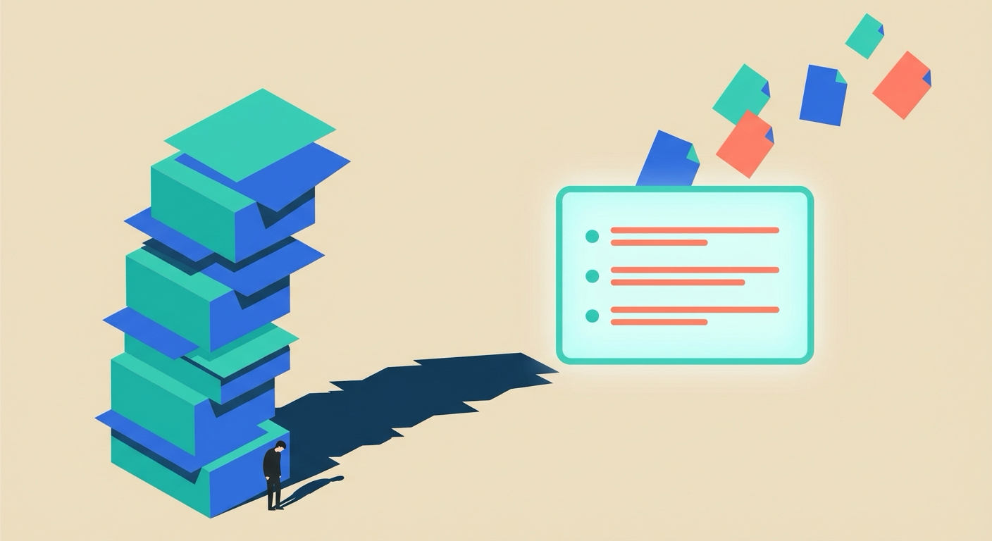 Towering stack of documents with scattered papers versus a clean tablet showing a concise summary