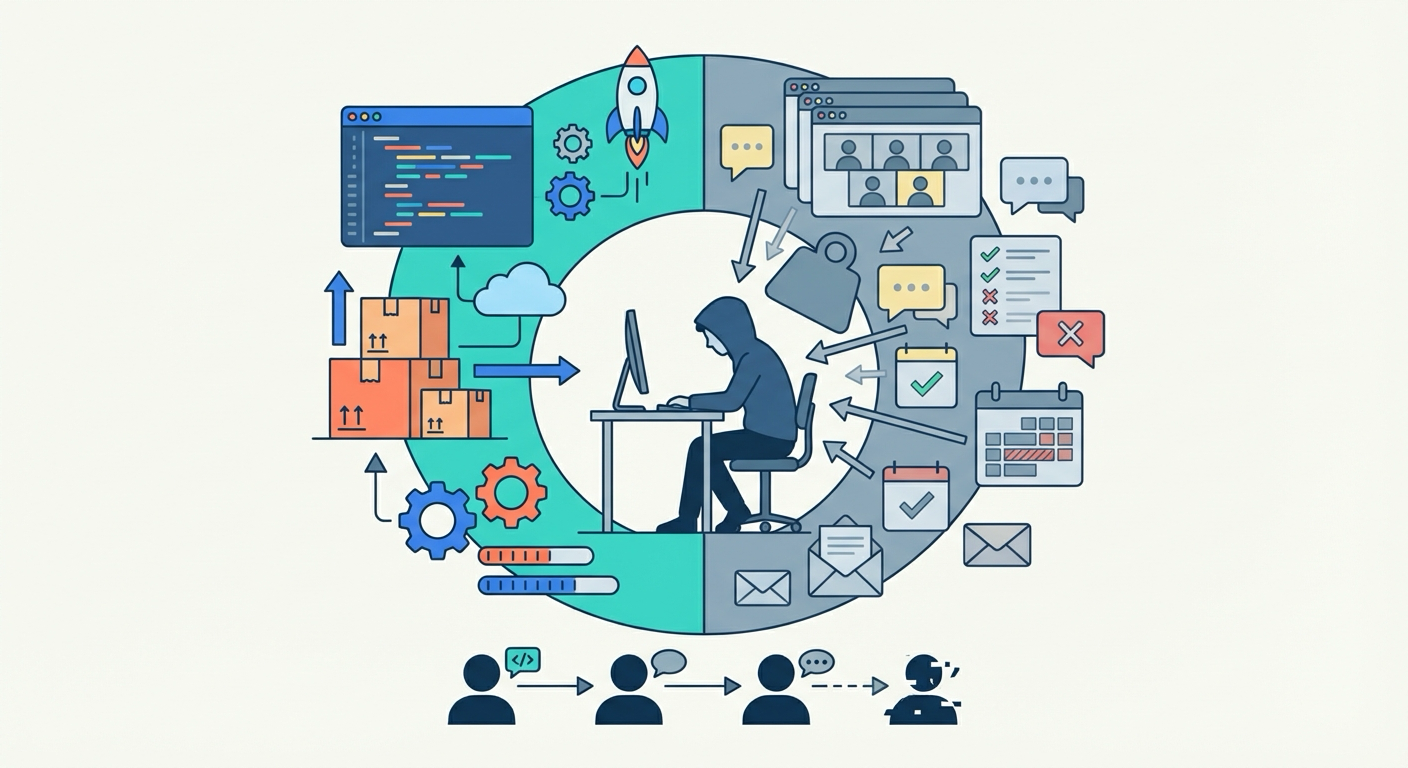 Clock split between productive coding and wasted status meetings, with a chain of figures passing information in a telephone game