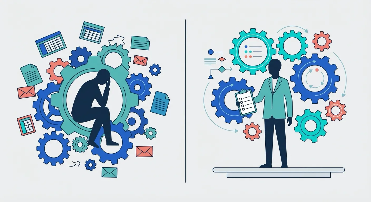 Silhouette trapped in gears versus silhouette overseeing automated machinery