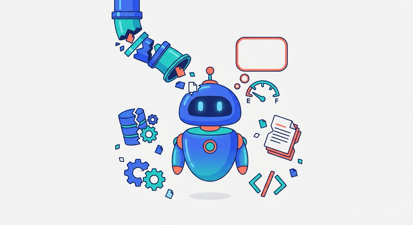 AI agent icon with empty fuel gauge surrounded by disconnected data sources