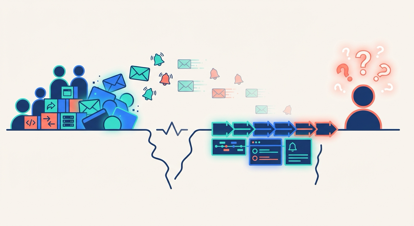 Illustration showing a communication gap between a product team shipping features and customers unaware of them, with a changelog bridge spanning the gap