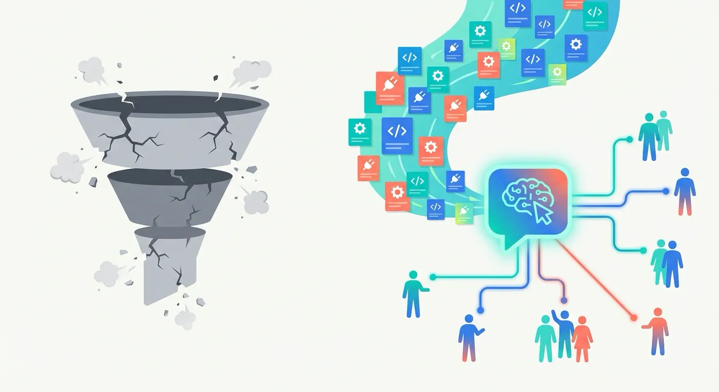 A crumbling marketing funnel contrasted with product update cards flowing into an AI chat bubble that connects to customers