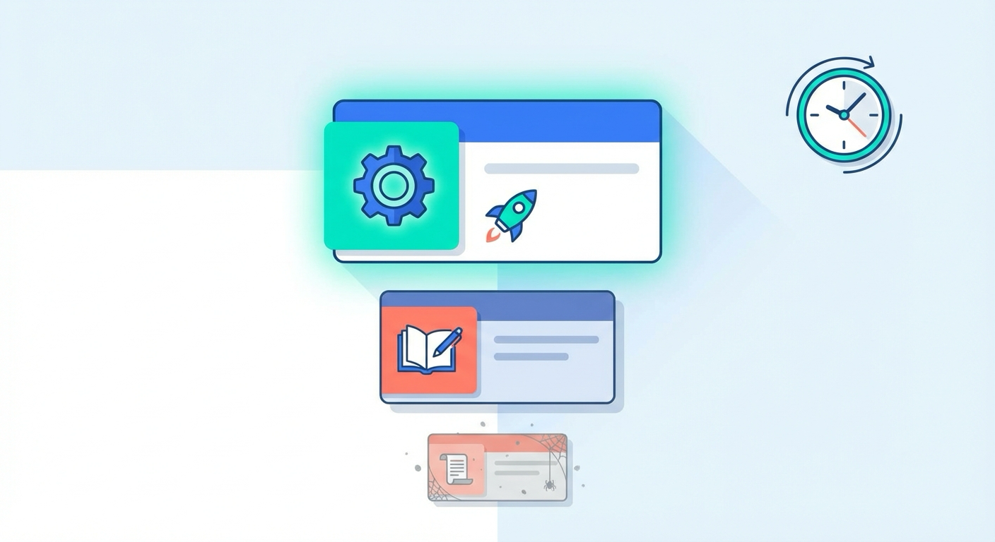 Illustration of a priority stack with changelog at the bottom collecting dust