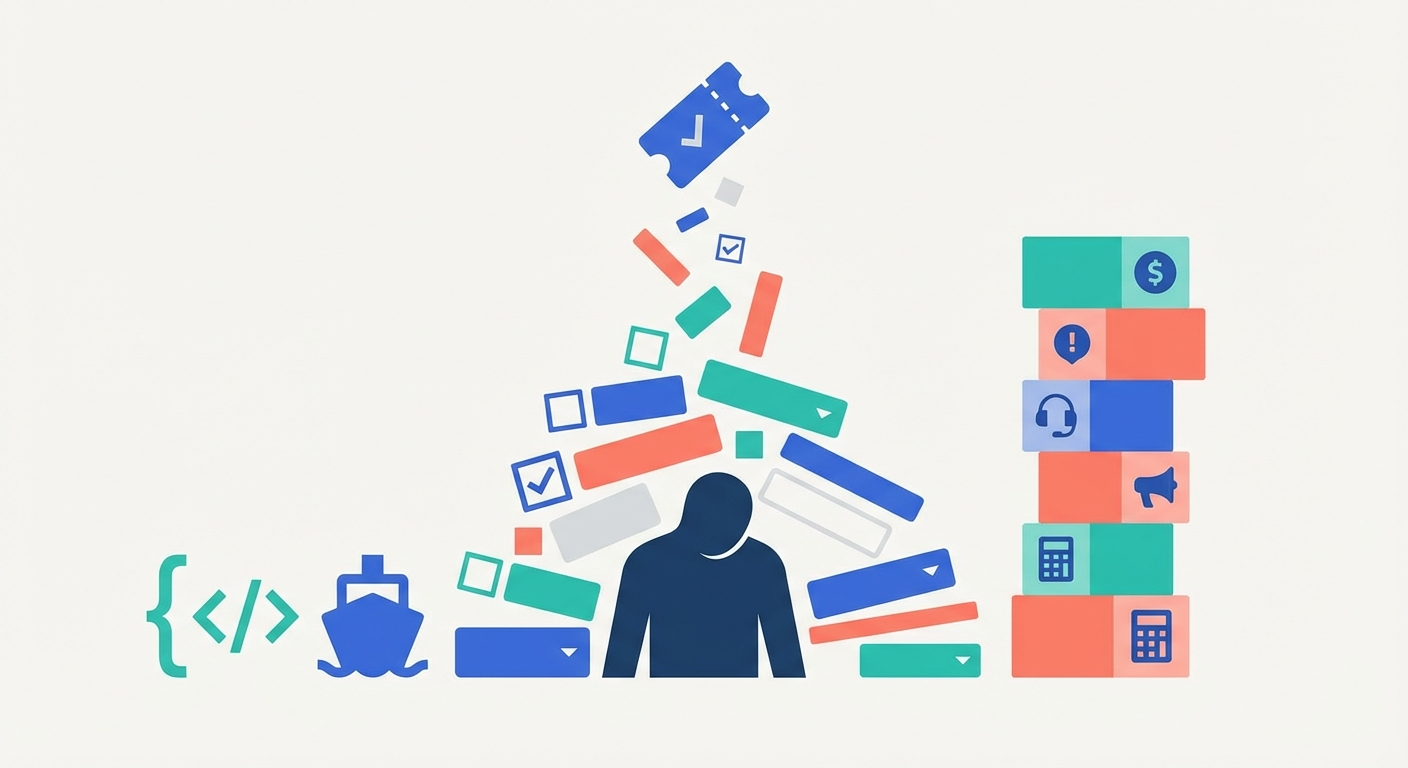 Illustration of a developer silhouette overwhelmed by form fields and checkboxes, representing Jira bureaucracy
