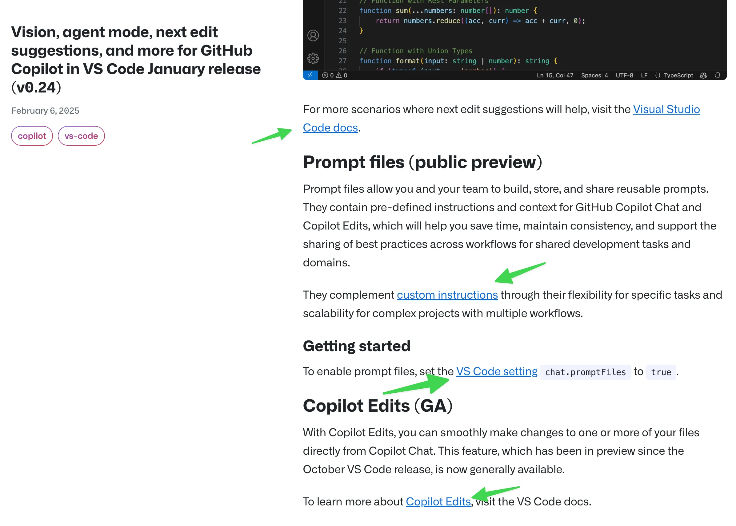 GitHub changelog entry about GitHub Copilot VS Code extension with multiple outbound links to documentation, settings, and Copilot Edits feature