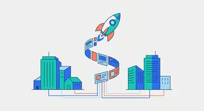 Illustration of a rocket launching from connected buildings trailing update cards
